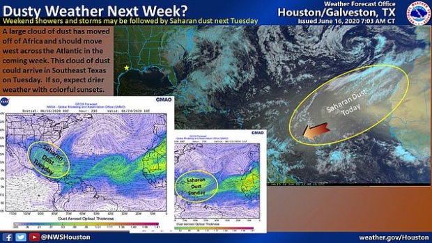 미국 현지시간으로 16일 기준, 사하라 모래폭풍의 위치