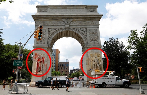 붉은 페인트와 노란 페인트로 훼손된 미국 ‘건국의 아버지’ 조지 워싱턴 초대 대통령의 조각상 (사진=EPA)