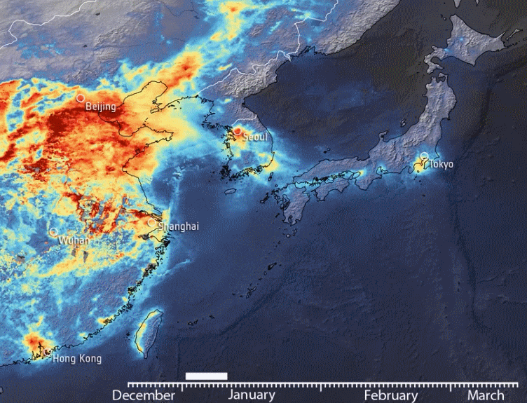 유럽우주국(ESA)의 코페르니쿠스 센티넬-5(Copernicus Sentinel-5) 위성이 촬영한 지난해 12월 부터 올해 1~3월의 동아시아 대기 상황 