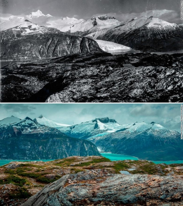 1913년(위)과 2018년(아래)에 각각 촬영한 남아메리카 파타고니아의 모습. 빙하가 사라지고 초목만 무성해진 모습을 한눈에 볼 수 있다.