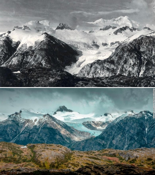 1913년(위)과 2018년(아래)에 각각 촬영한 남아메리카 파타고니아의 모습. 빙하가 사라지고 초목만 무성해진 모습을 한눈에 볼 수 있다.