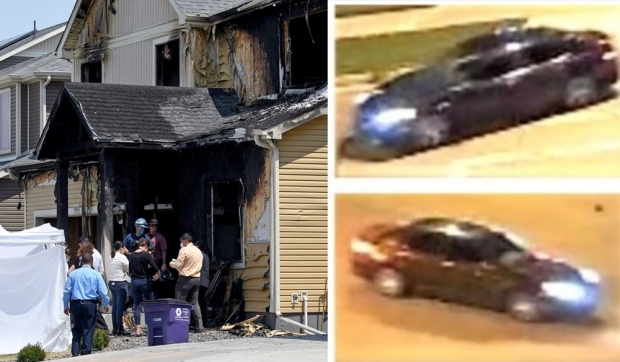 화재로 불탄 집과 사건 당시 용의자들이 타고 도망간 차량