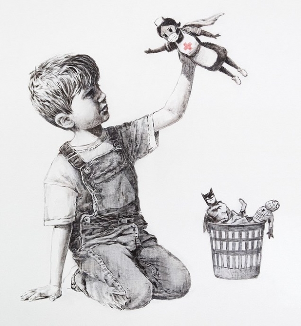 뱅크시가 코로나19와 싸우는 의료진을 새로운 영웅으로 표현한 작품.