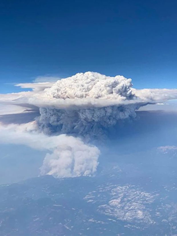 산불 적란운은 화재를 유발하는 일종의 뇌우로, 과열된 상승 기류를 탈고 하늘로 올라간 재와 연기, 연소 물질 등이 만든다. 구름 형태지만 비는 뿌리지 않으며 번개를 내리쳐 다시 산불을 발생시킨다./사진=탈리아 도커리 트위터