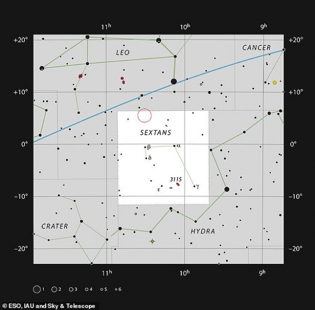 이미지 속 밝은 네모칸은 육분의자리에서 최소 6개의 은하로 둘러싸인 초질량 블랙홀의 위치를 ​​보여준다.(사진=ESO, IAU and Sky ＆ Telescope)