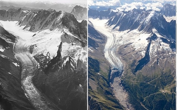 알프스 최고봉 몽블랑의 1919년 당시 모습(왼쪽)과 2019년의 모습(오른쪽)