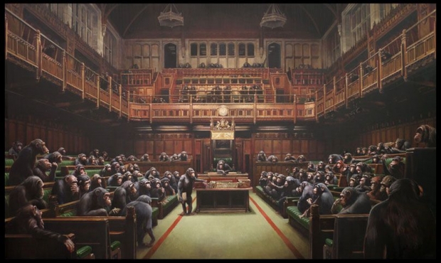 뱅크시의 유화 작품인‘위임된 의회’(Devolved Parliament)