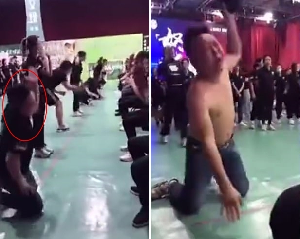 스스로를 학대하듯 뺨을 내리치고 상의를 벗어 집어던지며 회사에 대한 충성과 업무 완성도를 높이겠다는 다짐을 하고 있는 중국의 한 가구회사 직원들