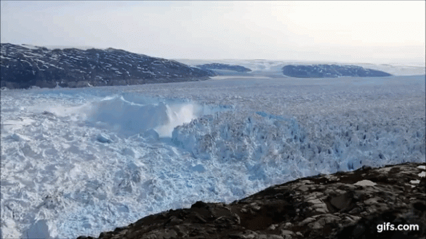 그린란드 헬헤임 빙하에서 거대한 빙하 붕괴가 일어나고 있는 모습.(출처=니콜라이 크로그 라르센)