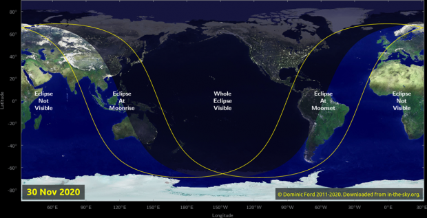 2020년 11월 30일의 반영월식을 볼 수 있는  지역