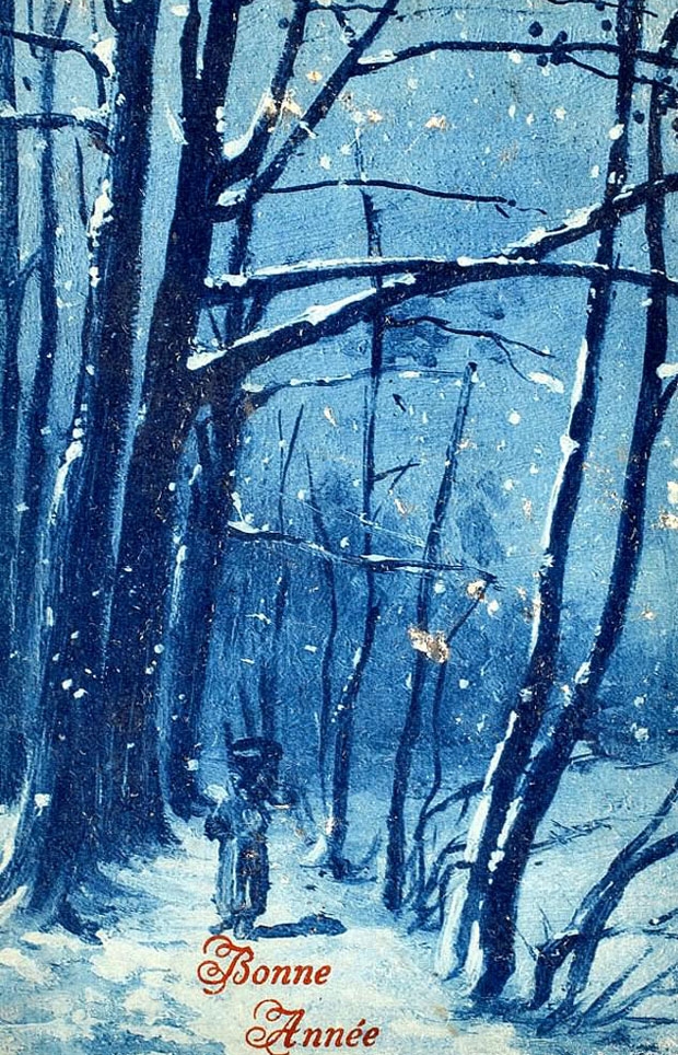 눈 오는 거리 풍경이 담긴 엽서 앞면에는 프랑스어로 ‘새해 복 많이 받으세요’(Bonne Ann&eacute;e)라는 문구가 적혀 있다./사진=IAA