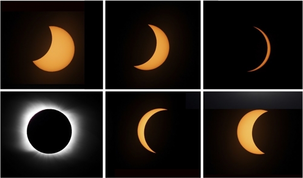 지난 14일(현지시간) 아르헨티나 삐에드라 델 아길라에서 본 개기일식의 진행과정. 사진=AP 연합뉴스