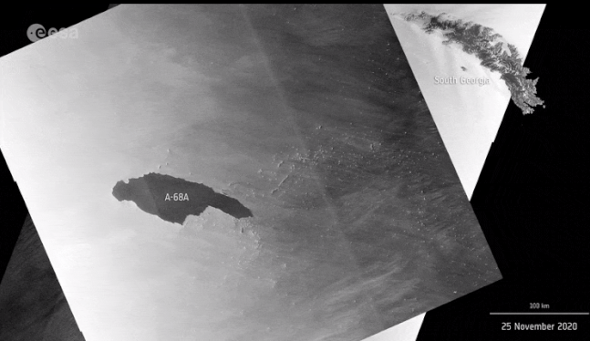 북상하는 A68a 빙산의 이동 경로.(사진=ESA)