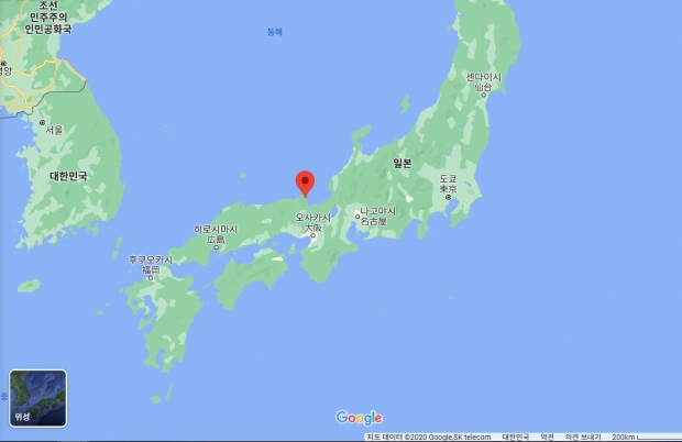 죽은 대왕오징어가 발견된 이와가하나 마을 해안의 위치를 나타낸 지도.(사진=구글맵)