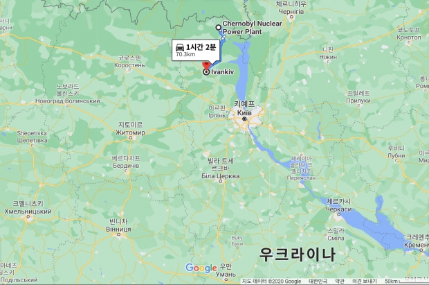우크라이나에 있는 이반키프 지역은 체르노빌 원전에서 직선으로 약 50㎞, 차로 70㎞ 떨어져 있다.(사진=구글맵)