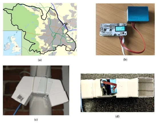 셰필드대 연구진이 조사 대상으로 삼은 셰필드 지역 가구 19곳의 위치(a)와 이들 연구자가 사용한 실내 공기질 감지기 그리고 실외 공기질 감지기 설치 위치(c, d)의 모습.(사진=애트모스피어)