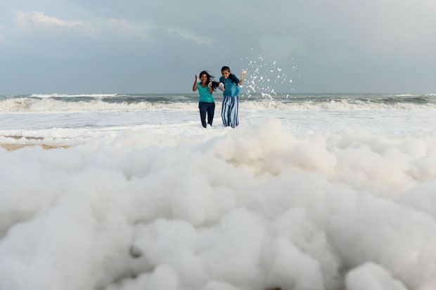 3일(현지시간) AFP통신은 인도 타밀나두 주 첸나이 마리나 해변이 독성 거품으로 뒤덮였다고 전했다./사진=AFP 연합뉴스