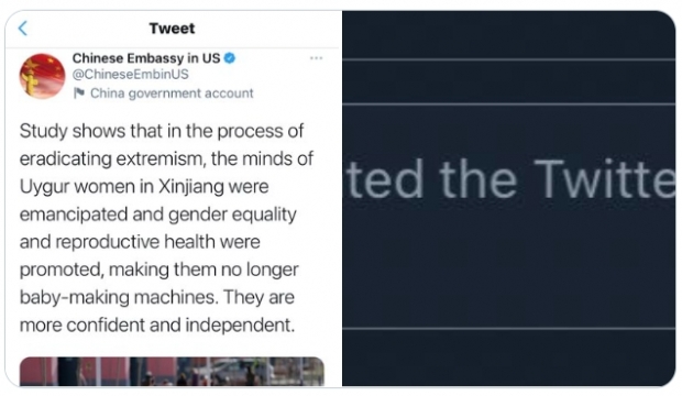 주미 중국대사관 측이 트위터에 올렸다가 삭제된 게시물(왼쪽)