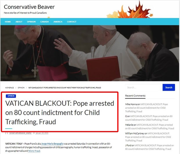 보도 내용은 매우 상세했다. 컨저버티브 비버는 이탈리아 검찰이 체포 명령을 내렸으며, 구금된 교황은 이탈리아 경찰과 국제형사경찰기구(ICPO), 미연방수사국(FBI)이 심문할 거라고 설명했다. 체포 과정에서 바티칸에 정전이 발생했다고도 덧붙였다.