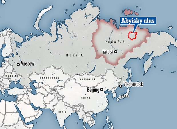 털코뿔소가 발견된 사하공화국 아비스키 지역의 위치를 나타낸 지도.