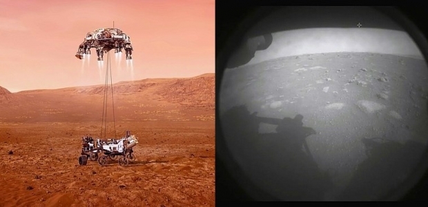 퍼시비어런스가 화성 표면에 착륙한 직후 지구로 전송한 화성 사진(오른쪽)과 착륙 가상 그래픽 이미지