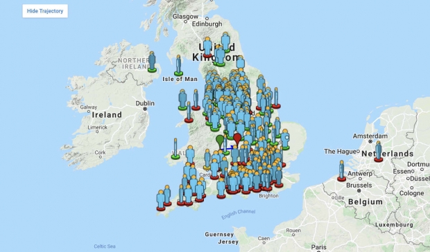유성 목격을 보고한 사람들의 위치를 나타낸 지도.
