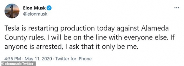 일론 머스크가 지난해 5월 11일 트위터에 공개한 프리몬트 공장 조기 재가동 소식.(사진=일론 머스크/트위터)