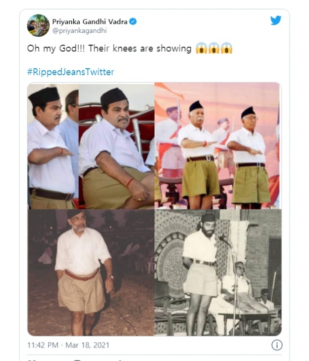 “무릎이 보이는 찢어진 청바지를 입은 여성이 어떻게 아이들에게 올바른 가치관을 교육할 수 있겠냐”는 발언으로 구설에 오른 티라트 싱 라왓 우타라칸드주총리에 반발하는 sns 게시물들