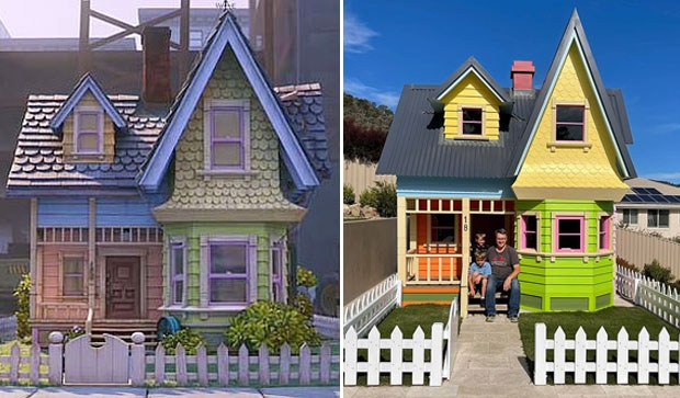 실제로 완성된 구조물(오른쪽)은 마당을 둘러싼 울타리부터 지붕, 창문, 계단, 심지어 페인트색까지 만화 속 그 집(왼쪽)과 완벽하게 닮아 있다.
