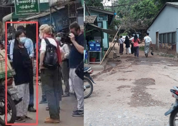 시장에서 인터뷰하는 한 여성(사진 왼쪽)과, 이 여성이 무장한 사복 경찰들에게 끌려가는 것으로 알려진 모습(사진 오른쪽).