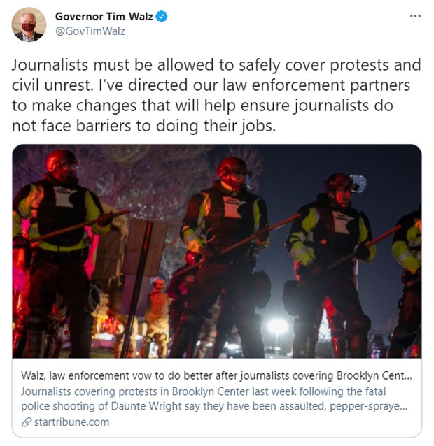 문제가 불거지자 팀 월즈 미네소타주지사는 트위터를 통해 “자유언론은 우리 민주주의의 토대다. 기자들은 미네소타 주민의 알 권리를 위해 격동의 한 해 동안 지칠 줄 모르고 일했다. 언론인들이 소임을 다하는 데 어려움이 없도록 지원하는 현장의 변화를 만들라고 지시했다”며 개선 의지를 드러냈다.