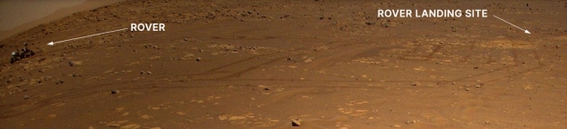 인저뉴어티가 3차 시험비행 중 촬영한 사진. 왼쪽에 퍼서비어런스, 오른쪽에는 착륙지점이 보인다.