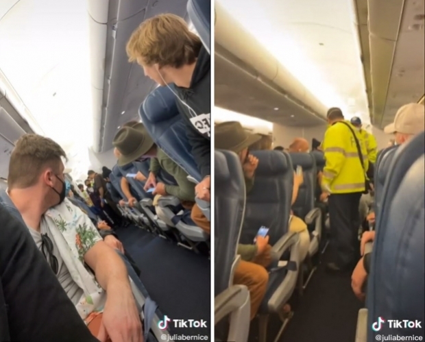 상공을 날고 있는 비행기에서 출산이 시작된 여성 승객이 있다는 소식을 들은 다른 탑승객들이 자리에 앉아 출산 소식을 기다리는 모습.