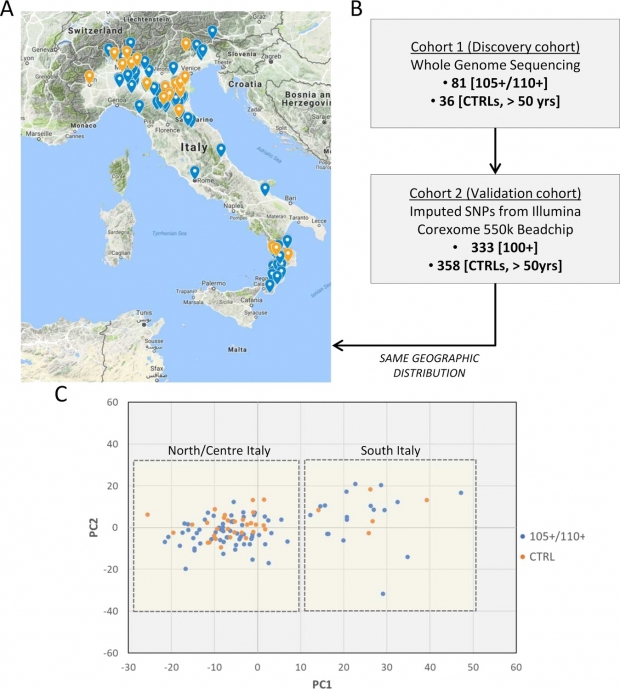 105세 이상 및 110세 이상의 초고령자(파란색)와 68세 전후의 고령자(주황색)가 거주하는 지역을 나타낸 지도.(사진=이라이프)