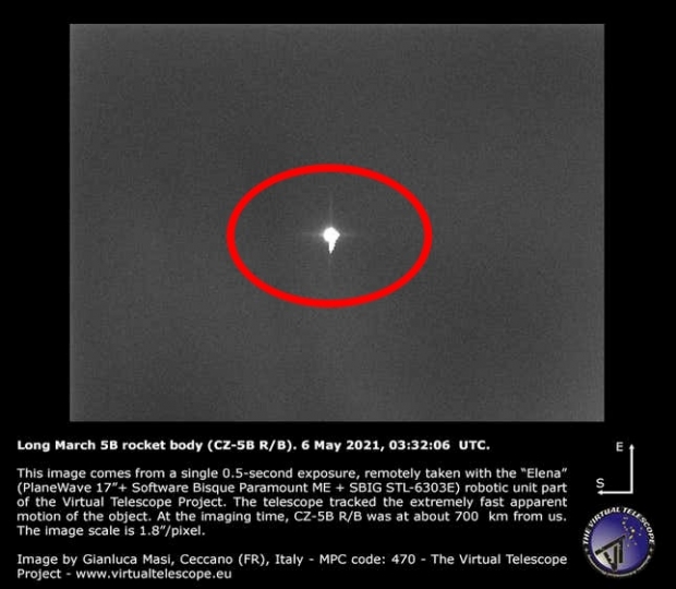 이탈리아의 천문학자들이 중국 창정5B 로켓 잔해로 추정되는 우주 물체의 이미지를 포착해 공개했다.