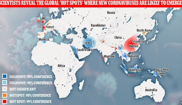 차기 코로나 팬데믹 발원지로 예상되는 지역을 ‘핫스팟’으로 표기한 지도. 중국과 인도차이나로 불리는 지역 일부, 유럽 일부 지역들이 핫스팟으로 예상된다는 연구결과가 나왔다.