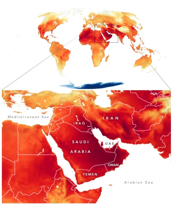 지난 4일 중동 지역 기온을 나타내는 위성 그래픽 (사진=NASA)
