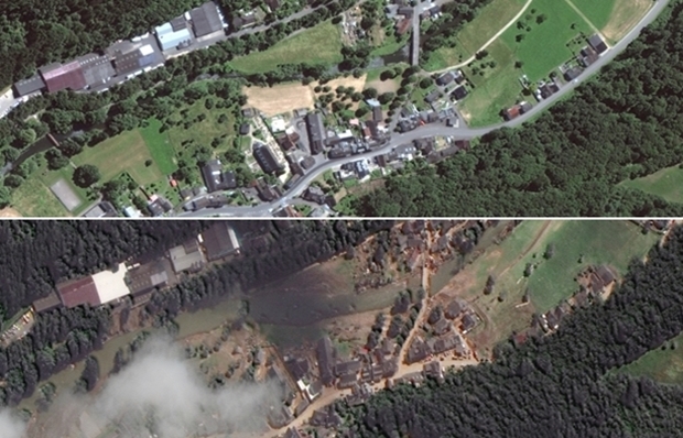 18일 민간 인공위성 업체 ‘막서 테크놀로지’가 공개한 홍수 전후 독일 라인란트팔츠주 안트바일러의 모습. 1일(위)과 비교해 진흙 범벅인 걸 확인할 수 있다./로이터 연합뉴스