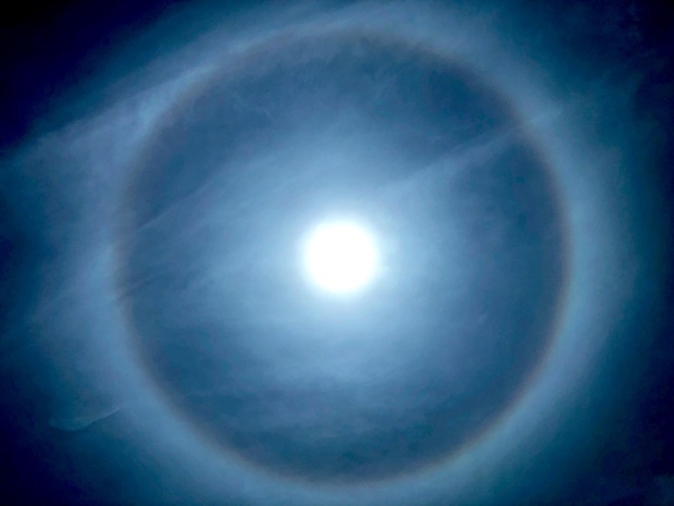 ‘햇무리’라고도 하는 헤일로는 태양 주변에 둥근 모양의 무지개가 나타나는 현상을 말한다. 헤일로는 주로 햇볕이 높은 곳에 있는 구름인 권층운을 통과할 때 생긴다./사진=@yuhmari 트위터