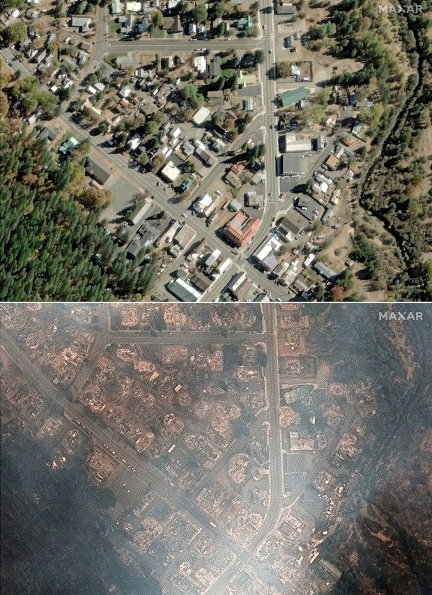 로이터 통신이 10일 공개한 위성사진은 지구 관측, 레이더 및 궤도 위성 서비스 등을 제공하는 막서 테크놀로지가 제공한 것으로, 캘리포니아주 그린빌의 2018년 10월 31일과 지난 9일의 모습을 삼고 있다.로이터 연합뉴스