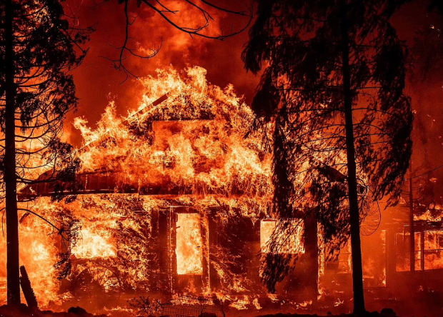 사진 위는 산불 딕시에 불타는 그린빌 마을 가옥, 아래는 산불을 진화하기 위해 목숨을 걸고 안간힘을 쓰는 소방관의 모습. 로이터 연합뉴스
