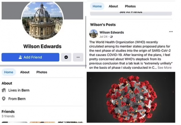 중국 관영매체들이 인용한 스위스 생물학자 ‘윌슨 에드워즈’의 SNS