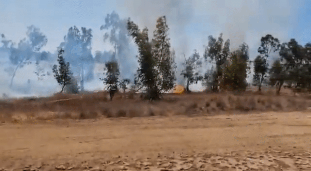 23일 아침 이스라엘 소방당국이 전날 날아온 풍선폭탄으로 인한 화재를 진압하고 있다./더타임스오브이스라엘