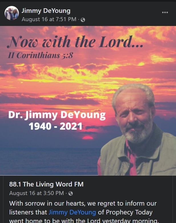 백신 음모론을 주장하던 미국 테네시주의 기독교 방송인 지미 드 영이 지난 18일 코로나19로 사망했다. 지미 드영의 사망을 알리는 방송사의 공지