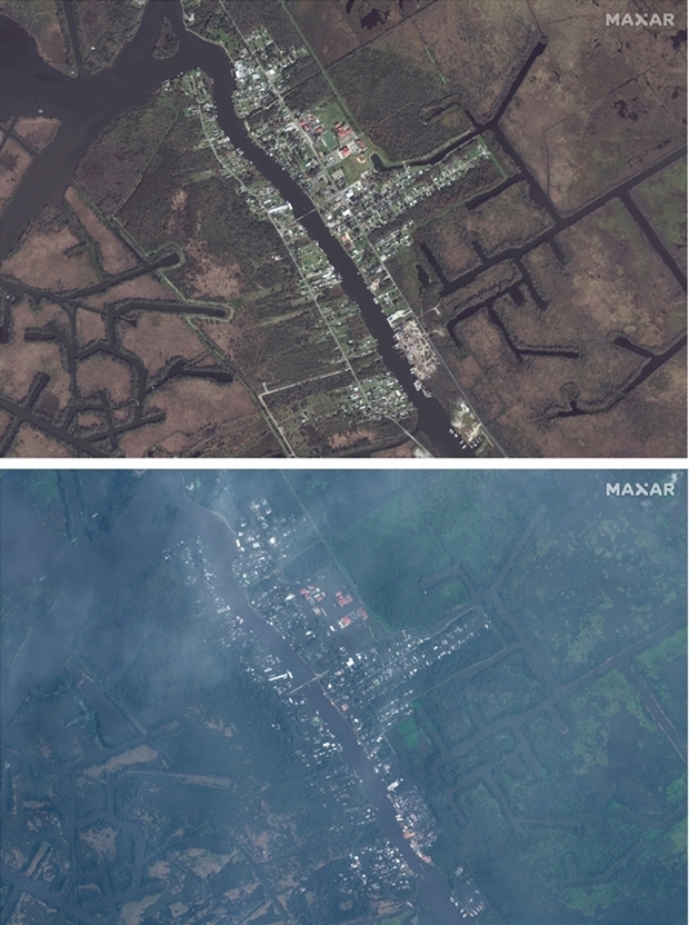 여러 개의 호수에 둘러싸여 있는 뉴올리언스 진 라피트 지역 주택들은 홍수로 불어난 물에 잠겨 겨우 지붕만 드러내놓고 있다. 허리케인 ‘아이다’ 상륙 전후인 22일과 31일 해당 지역의 모습./AP연합뉴스