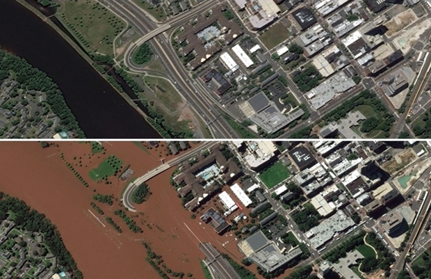 7월 14일과 9월 2일 미국 민간인공위성업체 맥사테크놀로지가 촬영한 뉴저지주 뉴 브런즈윅 메모리얼 파크웨이 일대 모습. 1일 허리케인 ‘아이다’가 휩쓴 후 거대한 진흙탕으로 변해버렸다./EPA 연합뉴스