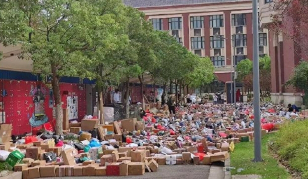 중국 일부 지역에 코로나19 확산 방지를 위해 이동 제한 또는 봉쇄령이 내려지자, 학생들의 생필품을 직접 전달하지 못한 부모들이 택배로 소지품을 보내면서 만들어진 풍경이다.