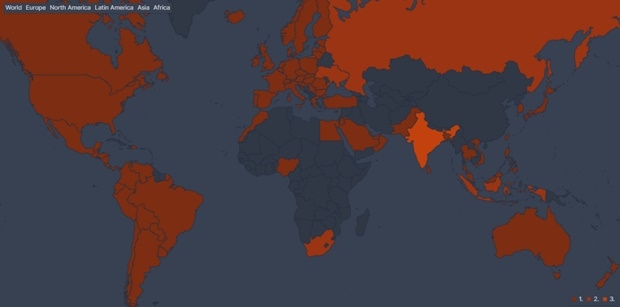 이 같은 인기를 증명하듯, 오징어 게임은 며칠째 1위 자리를 지키고 있다. 글로벌 OTT 콘텐츠 순위 집계 사이트인 플릭스 패트롤에 따르면 오징어 게임은 전 세계 83개국 중 76개국에서 ‘TV 프로그램(쇼)’ 부문 1위를 달리고 있다. 사진은 오징어 게임이 1~3위를 기록한 국가를 주황색으로 표시한 지도.