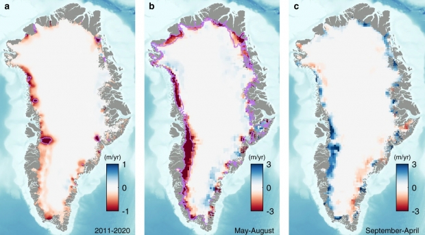 그린란드 빙상의 고도 변화를 나타낸 이미지.(사진=네이처 커뮤니케이션)