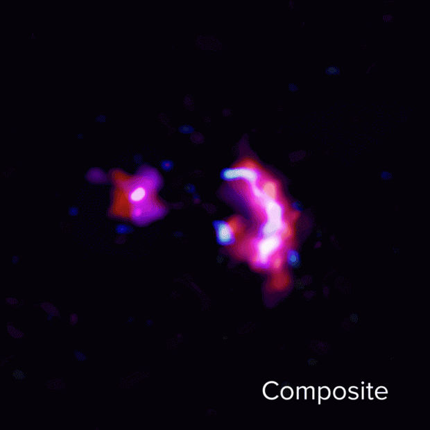 먼지(빨간색)와 물(파란색), 일산화탄소(분홍색, 짙은 파란색, 자홍색, 보라색)를 보여주는 영상(사진=ALMA (ESO/NAOJ/NRAO)/S. Dagnello (NRAO))